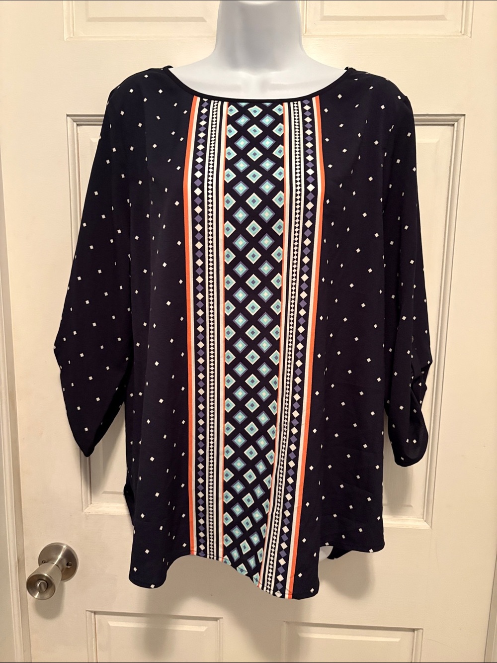 croft & barrow Navy Geometric-Panel Tunic with Aqua & Orange Accents size XL